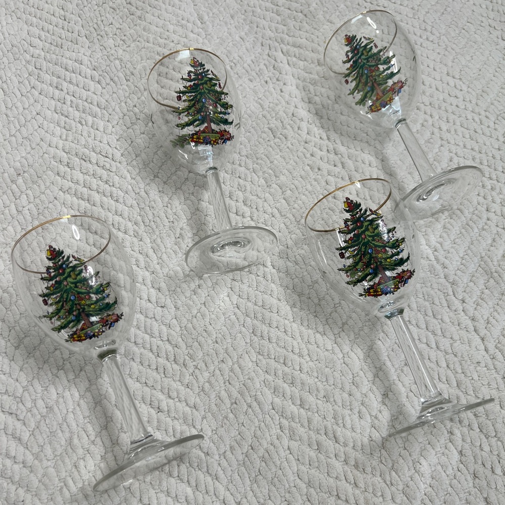 Spode Christmas Holiday Gold Rim Glass Goblet Set of 4